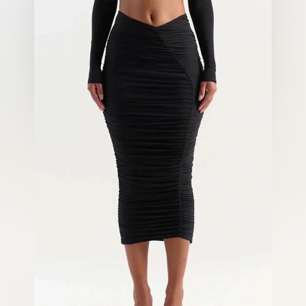 Naked Wardrobe Extra Chic Black Ruched Midi Skirt NWT